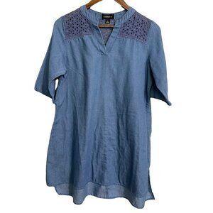 G Collection Womens Blue Chambray Eyelet Shoulder Split Neck Shift Dress Large P